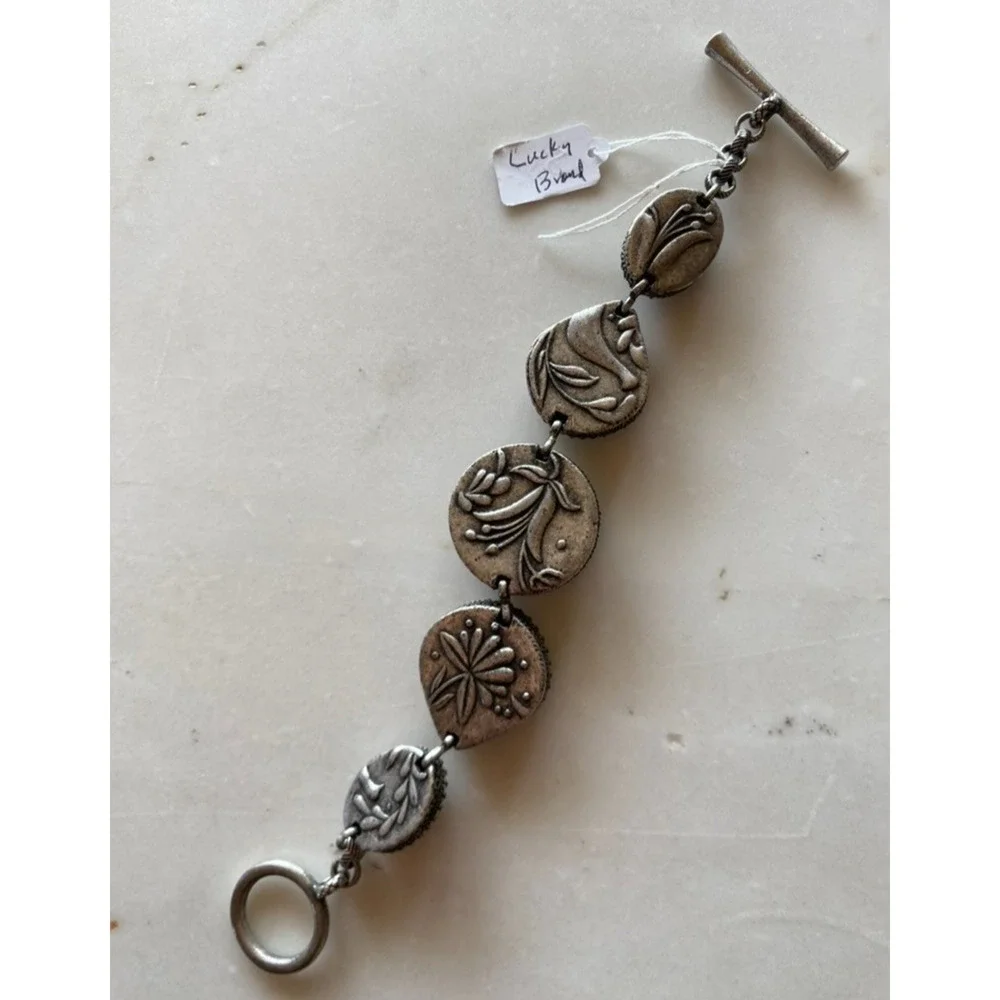 LUCKY BRAND Vintge Reversible Silver Tone Link Bracelet Toggle 8” Green Stones